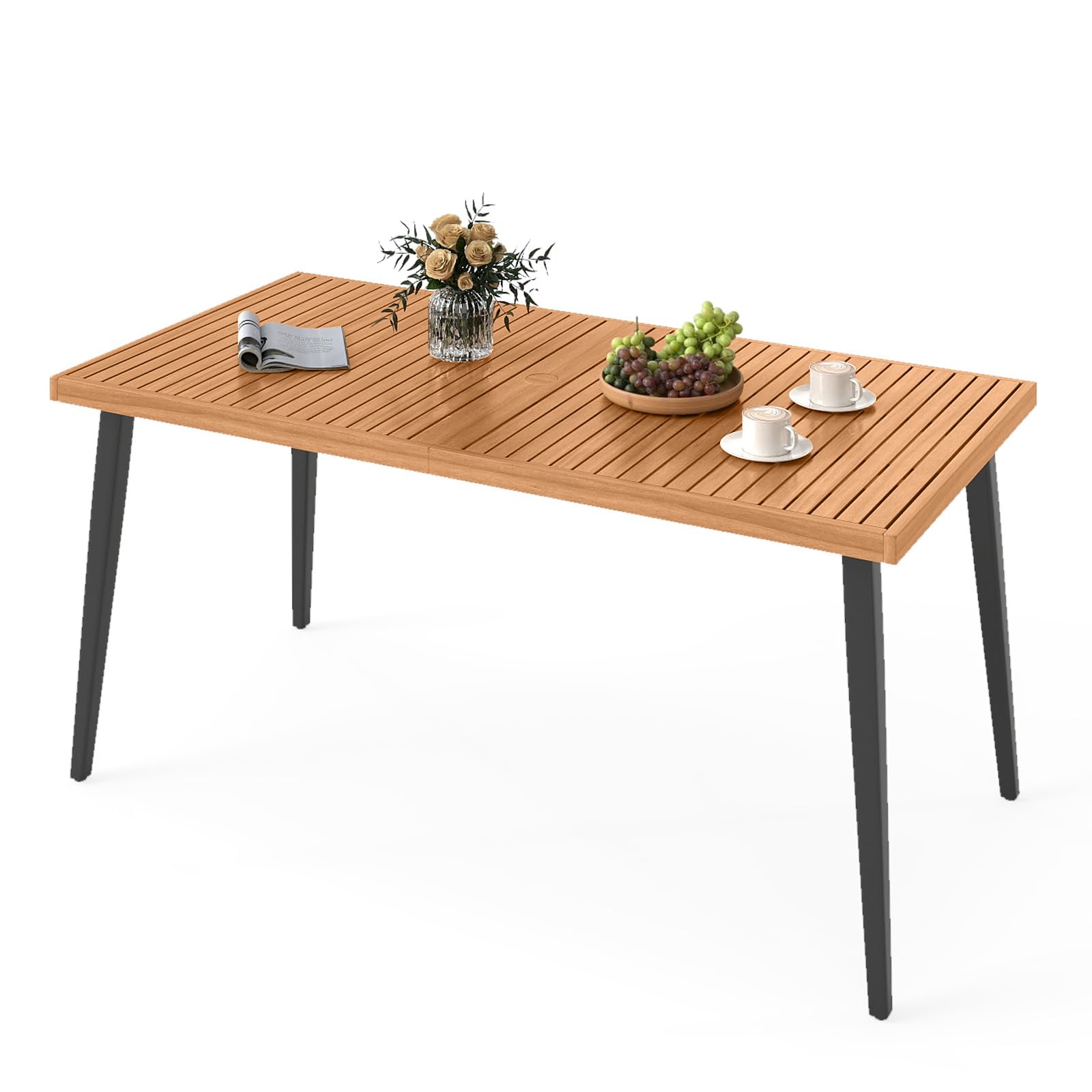 Tangkula Table à manger intérieure extérieure de 160 cm avec plateau à lattes en bois d'acacia